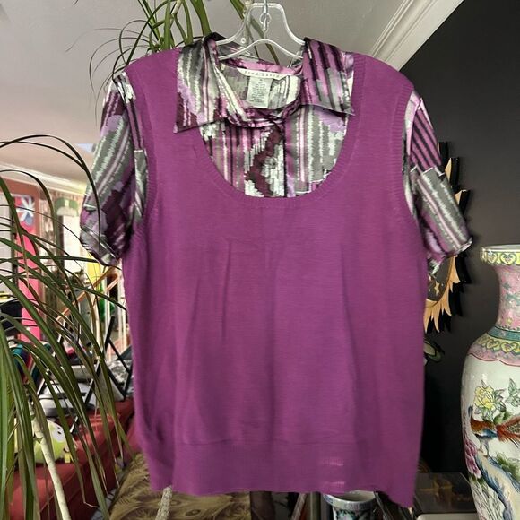 Fred David Sweater Top Womens Size XL Purple Multi Striped Layered Look Collared - Picture 9 of 14